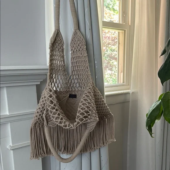 La Regale Tan Macrame Shoulder Bag with Fringe Detail - Picture 7 of 12